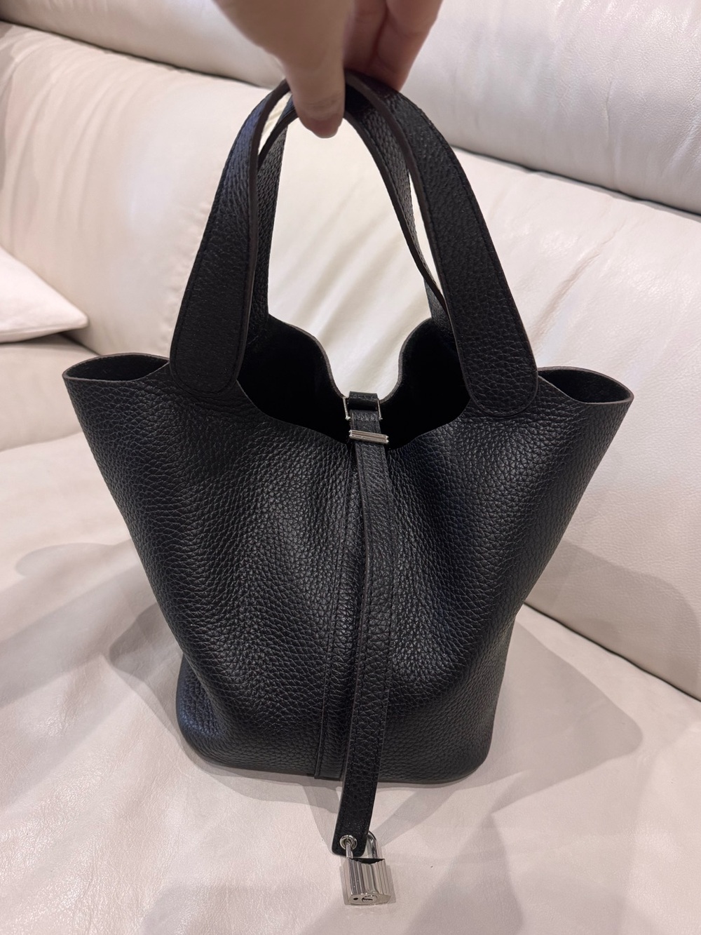 Classic Black Leather Tote Bag with Lock Accent